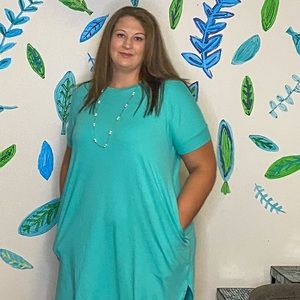 Mint high-low midi dress with side slits, pockets, cuffed sleeves butter soft